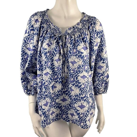 C & C California Linen Blend Top Blue Floral Peasant Blouse Shirt Size Large - Picture 1 of 13